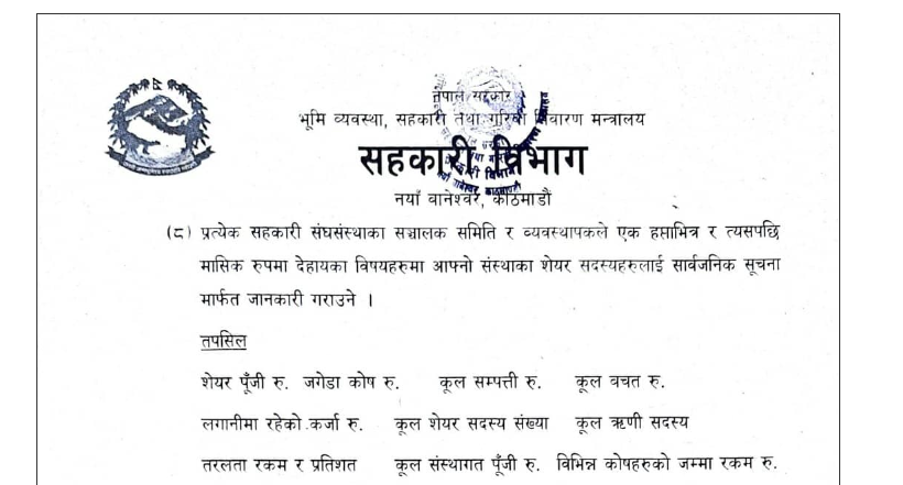 सहकारीहरुले मासिक रुपमा वित्तीय विवरण प्रकाशन गर्नुपर्ने 